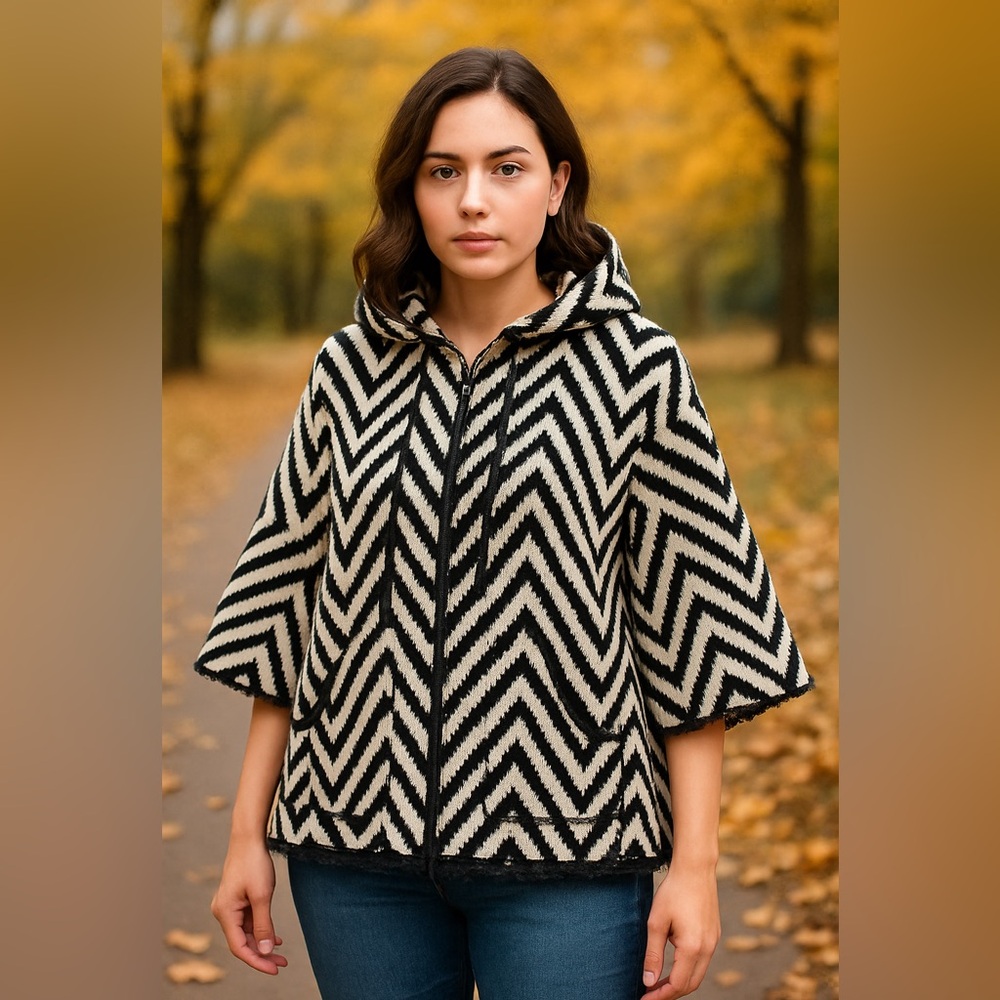 Evy’s Tree Black Chevron Hooded Thick Jacket Sweater XL